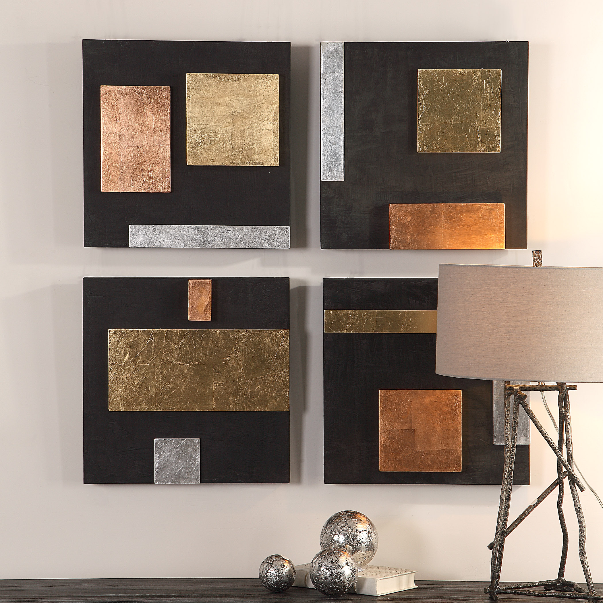 Mid Century Modern Geometric Wall Squares Set 4 Sculpture Gold Copper